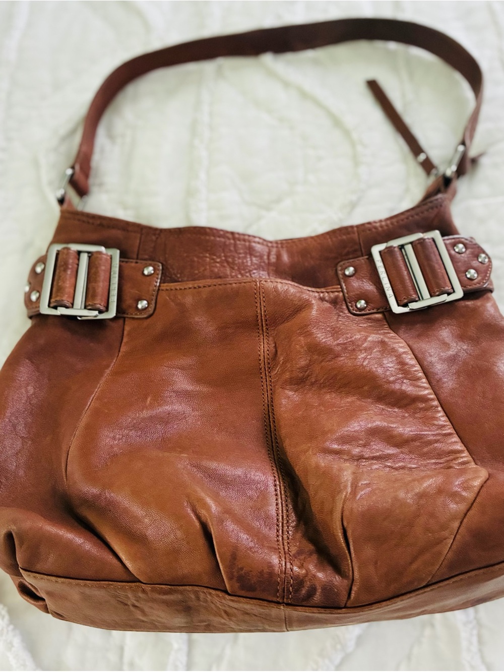 Vintage Perlina hobo bag, soft cognac leather. With silver adornments